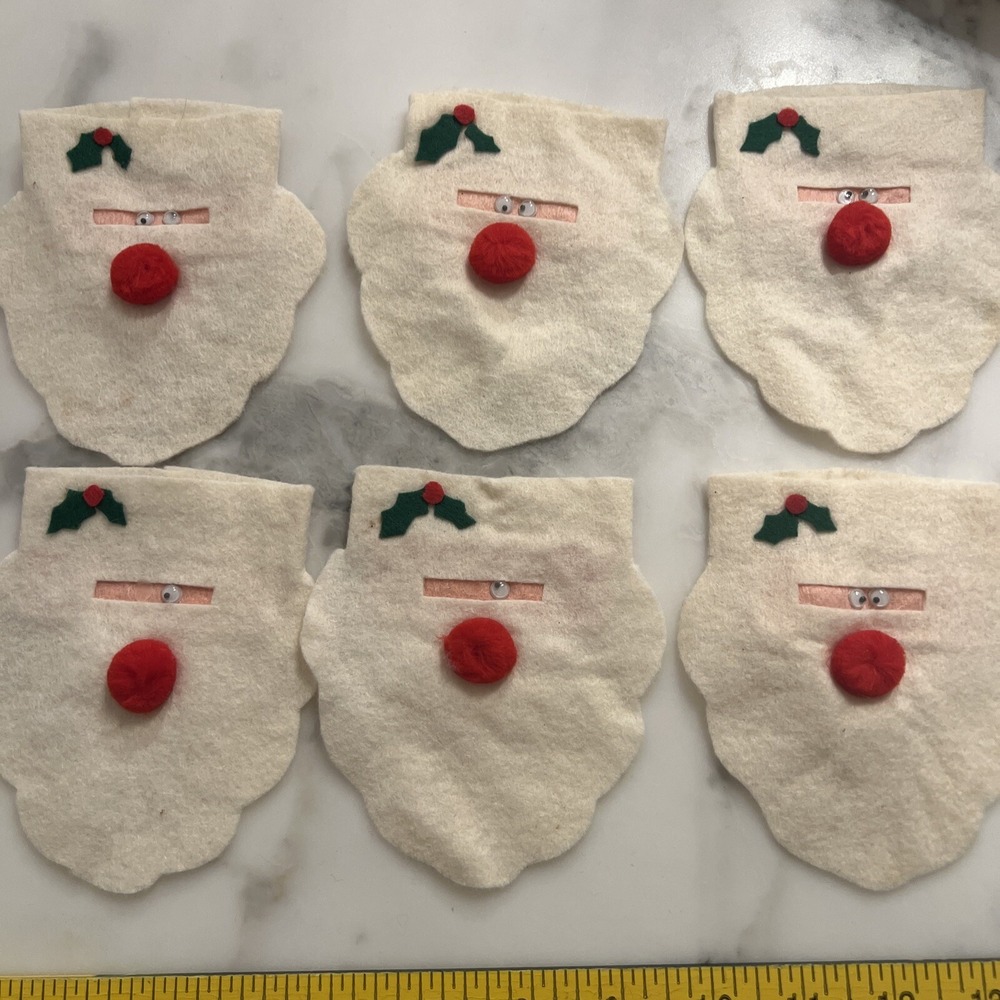 6 Vintage Christmas Handmade Santa Face Felt Napkin Rings Holders